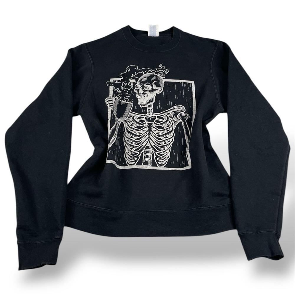 Skeleton Drinking Coffee Black Sweater Barista Crewneck Women's Size Small